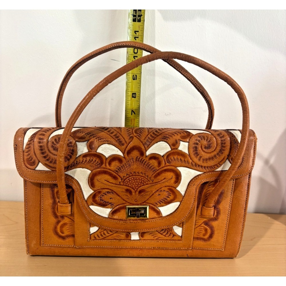 Vintage Tooled Leather Handbag Mexico Floral Carved Brown Purse Boho Retro